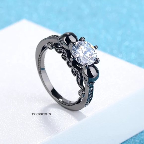 Dark Anodized Silver Double Skull Round Cut Cubic Zirconia Pave Ring 6 7 8 9 10 - Picture 3 of 8